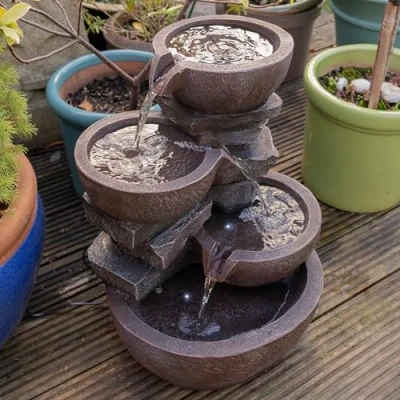 Image of allpondsolutions Four Tier Cascading Bowl Water Feature with LED Lights Cascade Garden Feature, Outdoor, Self Contained 37 x 31 47.5cm
