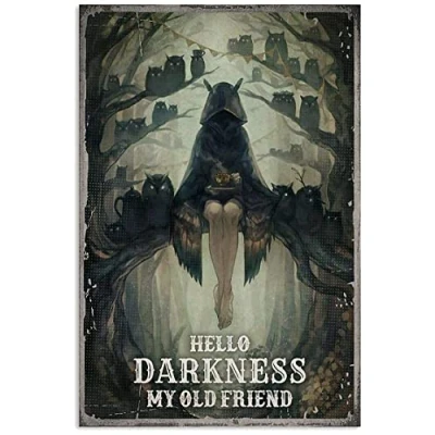 Image of Aoevc Metal Tin Sign Halloween Hello Darkness My Old Friend Cat And Owl Novelty Parking Bar Home Vintage Retro Poster Cafe Art Decor For Movie House Funny Wall 6x8 Inch