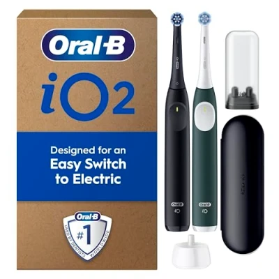 Image of Oral B iO2 Duo Night Black and Forest Green Electric Toothbrushes, 2 Toothbrush Heads, 1 Travel Case, Refill Holder, Designed by Braun
