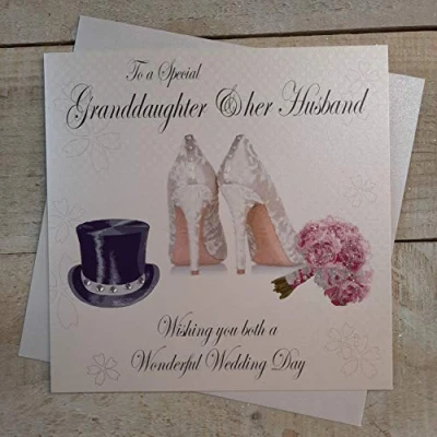 Image of WHITE COTTON CARDS PD261 to A Special Granddaughter &amp; Her Husband, Handmade Wedding Card,beigegreybrowngreen, 16 x cm