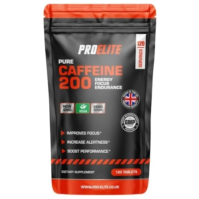 Image of Caffeine 200mg 120 Tablets Energy Boost &amp; Exercise Support Pre Workout Weight Loss Improve Focus Alertness Vegan UK Made Better Than Gels Gummies Capsules Pills PROELITE