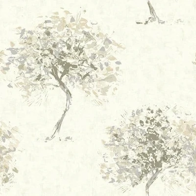 Image of SOPHIE LAURENCE Beige Tree Wallpaper Hand Painted Effect Silver Metallic Shimmer Beacon Fell Paste The Wall for Living Room (Sample)