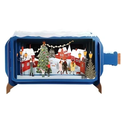 Image of Message In A Bottle Village Xmas Tree Pop Up Christmas Card By Alljoy Cards XMIB086