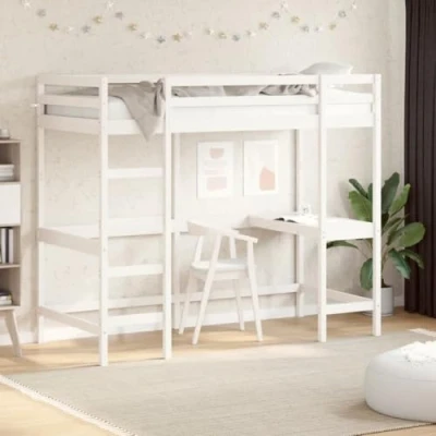 Image of vidaXL Loft Bed Frame with Desk for Kids White Solid Pine Wood, 90x200 cm, Compatible Slatted Base