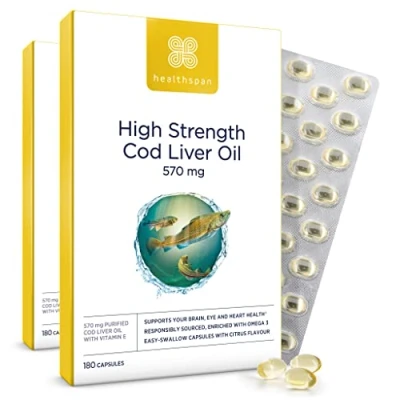 Image of Healthspan Cod Liver Oil 570mg Support Your Brain, Heart, Eyes &amp; Bones 150mg Omega 3 Fatty acids per Capsule (360 Capsules)