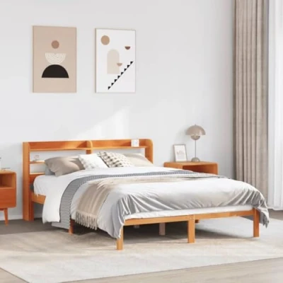 Image of vidaXL Solid Pine Wood Bed Frame with Headboard/Wax Brown/King Size/150x200cm/Wooden/Sturdy/With Storage/Bedroom/Sleep