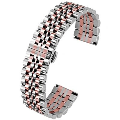Image of Kai Tian 5 Colors for Flexible Watch Strap Polished 7 Rows 20mm 22mm Stainless Steel Band Quick Release Metal Bracelet Deployment Clasp (20mm, Silver+IP Rose Gold)