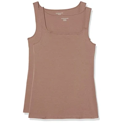 Image of Amazon Essentials Women&#039;s Slim Fit Square Neck Tank, Pack of 2, Dark Beige, XS