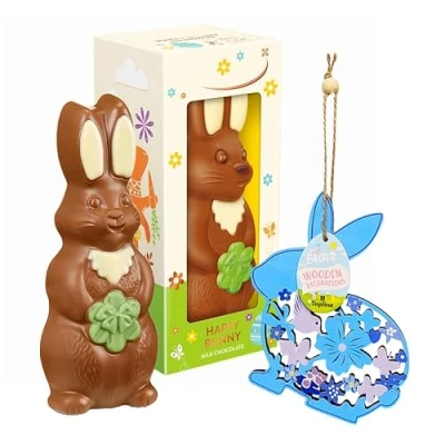 Image of Easter Chocolate for Kids Gifts Hollow Milk Happy Bunny Model 170g with Topline Wooden Hanging Decoration. Great Gift Kids, Egg Hunt