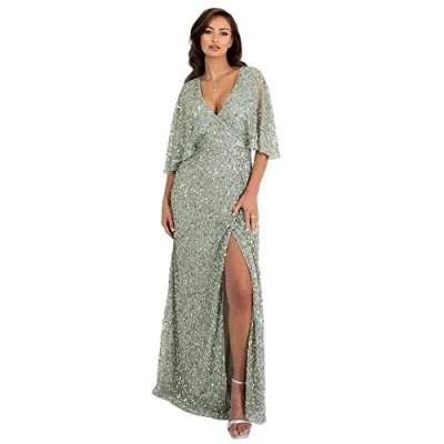 Image of Maya Deluxe Women&#039;s Maxi Ladies Sequin Embellished Wrap A Line Dress for Wedding Guest Bridesmaid Evening Prom Ball Occasion, Green Lily, 16