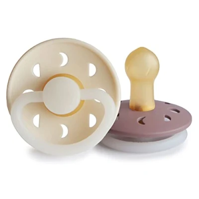 Image of FRIGG Moon Phase Night Latex Pacifier Pack of 2 Natural Rubber Soother Glow BPA Free Made in Denmark Symmetrical Cherry Shaped Nipple (Cream Night/Twilight Mauve Night, Size 1 (0 6 Months))