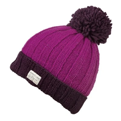 Image of Kusan Moss Yarn Turn Up Bobble Beanie Hat (PK1525) (Purple/Pink)