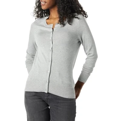 Image of Amazon Essentials Women&#039;s Lightweight Crewneck Cardigan Jumper (Available in Plus Size), Grey Heather, S