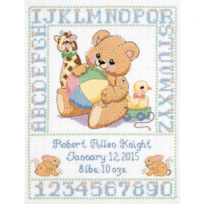 Image of Janlynn 1 Piece Bear Birth Sampler Stamped Cross Stitch Kit
