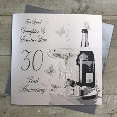 Image of WHITE COTTON CARDS Daughter &amp; Son in law 30th Pearl Large Anniversary Card, Champagne Chocolates Design, Handmade (XL30DS)