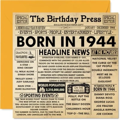 Image of 80th Birthday Cards for Men Women Born In 1944 Newspaper Happy 80 Card Grandad Grandma Nan Vintage Retro Back 1944, 145mm x Eighty Eightieth Bday Greeting