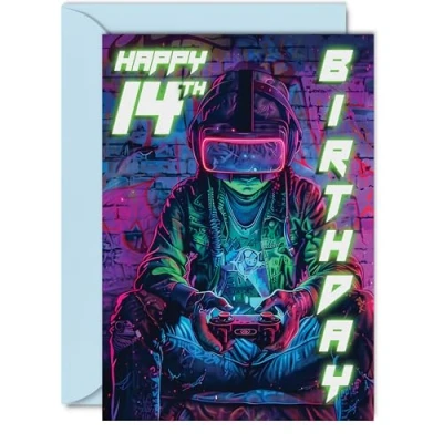 Image of 14th Birthday Cards for Boys Girls Video Game Gamer Happy 14 Card Son Daughter Nephew Niece Grandson, 5x7 Inch Fourteen Fourteenth Bday Greeting