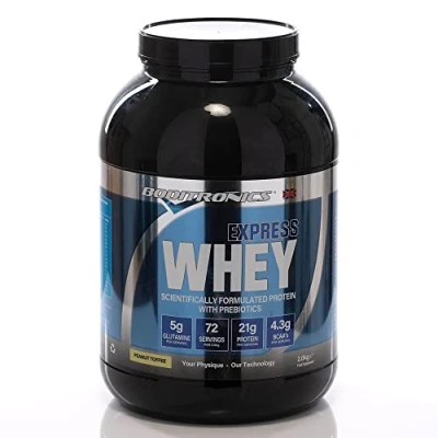 Image of Boditronics Express Whey Protein Powder Muscle Building with Dietary Fibre, BCAA, and High Levels of L Glutamine Prebiotic Mass Gainer Isolate Shakes (Peanut Toffee, 2 kg)
