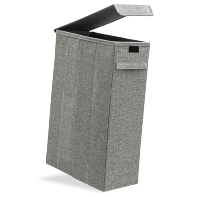 Image of DuneDesign 20 cm Narrow Laundry Basket with Lid 50L Sturdy Wooden Frame 20x40x60 Washing Slim Hamper Linen Bin Clothes Small Wash Dirty Box