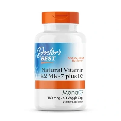 Image of Doctor&#039;s Best, Natural Vitamin K2 MK 7, 180mcg with MenaQ7 Plus D3, 60 Capsules, Lab Tested, Gluten Free, Soy Non GMO