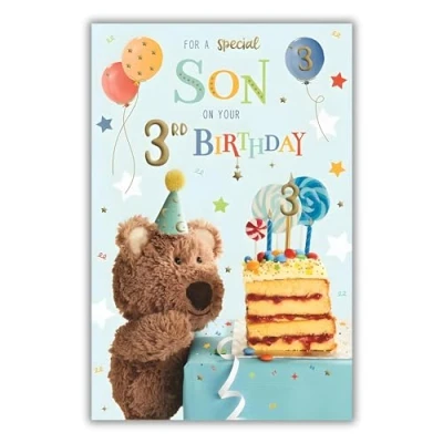 Image of Son 3rd Birthday Card Age 3 Special Barley Bear Teddy and Balloons Party Design Finishes Illustrated Insert Leaf Made in the UK Eco Friendly