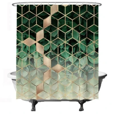 Image of Ulticool Shower Curtain Geometric Green Natural Gold Luxury 180 x 200 cm Anti Mould Washable Waterproof with 12 Rings