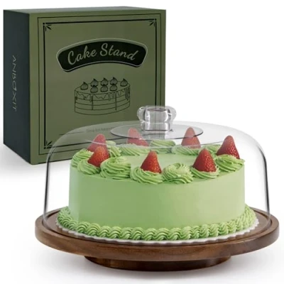 Image of ANBOXIT Cake Stand with Dome Lid, Acacia Wood Rotating Plate Cover, Wooden Display Acrylic ( Rotatable )