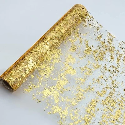 Image of Snowkingdom 15M Glitter Metallic Gold Table Runner 11 Inch x 49 Feet Thin Mesh Sparkle Roll Decorations for Wedding Bridal Shower, Baby Birthday Party