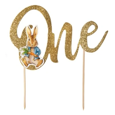 Image of Anniversary House Official Beatrix Potter™ Peter Rabbit™ 1st Birthday One Gold Glitter Cake Topper with Attachment, Paper, Bamboo Picks, Premium Decorations, Pack of 1, J003