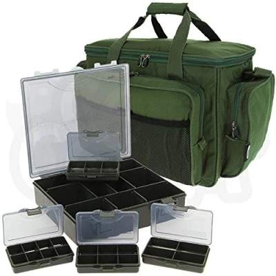 Image of Green Insulated Carryall Holdall Bag With 4+1 Tackle Bit Box Set Carp Fishing