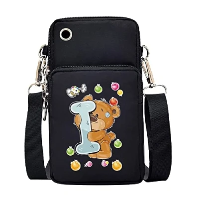 Image of FINDING CASE initial letter Printed Women Girls men Zipper Waterproof Nylon 3 Layers Crossbody Bags Wallet Cellphone Purse Shoulder Bag Wristlet Handbags Adjustable Strap (Bear I)