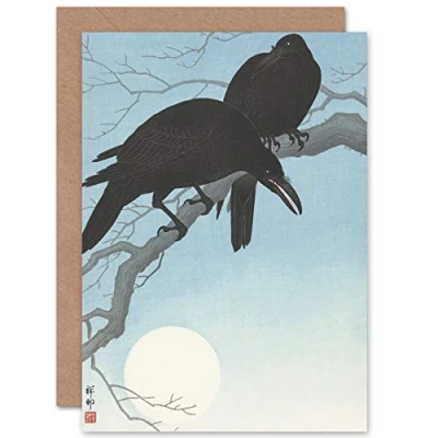 Image of Artery8 Ohara Koson Two Crows Tree Branch Japanese Woodcut Fine Art Greeting Card Plus Envelope Blank Inside