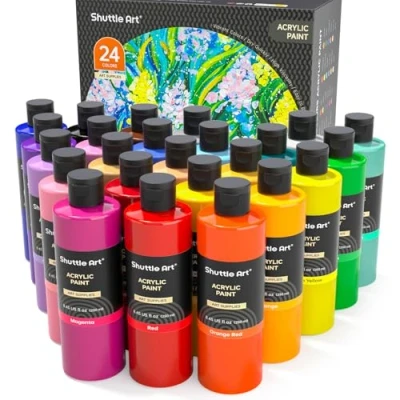 Image of Shuttle Art Acrylic Paint Set, 24 Colours Paints Bottle(250ml/8.45oz), Rich Pigmented Paints, Bulk Painting Supplies for Artists, Beginners and Kids on Rocks Crafts Canvas Wood Ceramic