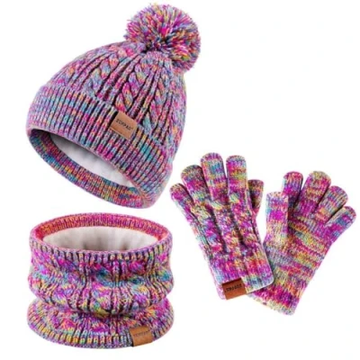 Image of ZUPPAD Hat Scarf and Gloves Set Kids, Winter Bobble Beanie Knit Neck Warmer Gaiter Snood Fleece Lined for Girls Toddler Children（Rainbow Mix）