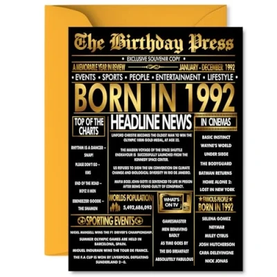 Image of Gold 33rd Birthday Card for Men Women Black &amp; Golden Newspaper Born in 1992 Happy 33 Cards Neighbour Brother Wife Son Nephew Daughter, 5x7 Inch Bday Greeting