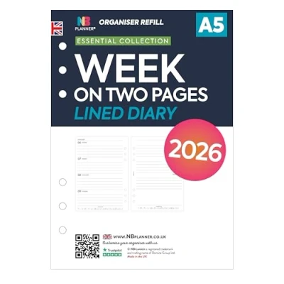 Image of 2026 A5 size week on two pages lined diary organiser refill insert Filofax COMPATIBLE English UK holidays