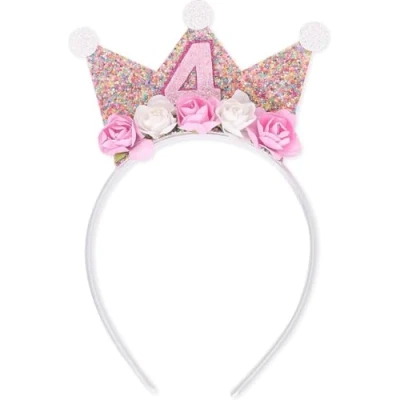Image of Shirene Birthday Crown,Crown Headbands girl headband Flower Pink Princess Tiara 4th Years Old Headpiece Glitter Hair Band Decorations Accessory for Women and Girls