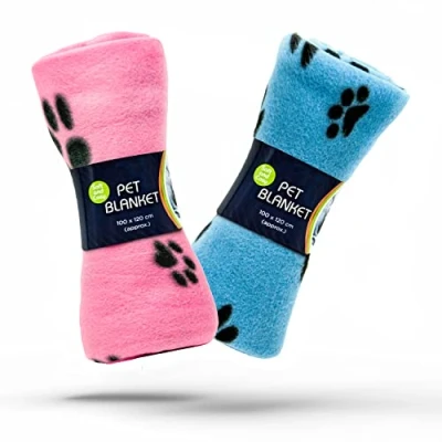 Image of 2 X Dog Blankets Washable With Paw Prints Blanket Cat Soft Warm Fleece Animals Pet Puppy Bed Travel Pack (BLUE and PINK, 100cm 120cm (Pack of 2))