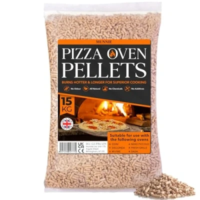 Image of Munnie 15kg Premium Wood Pellets Superior Fuel for Pizza Ovens, Smokers &amp; BBQs 100% Pure Softwood High Heat Output Clean Burn Easy Light Cooking Bagged Storage Handling