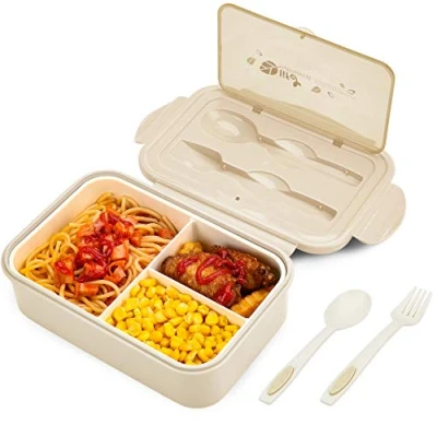 Image of BIBURY Lunch Box, Leakproof Bento Box for Kids Adults, Food Container with 3 Compartments and Cutlery Set, BPA Free, Microwave Dishwasher Safe Meal Prep Containers Khaki