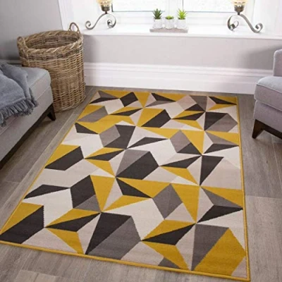 Image of Modern Thick Geometric Area Rug Grey Ochre Yellow Kaleidoscope Living Room Lounge Hallway Bedroom Rugs 160cm x 230cm
