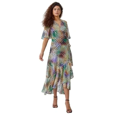 Image of Roman Originals Frill Dress for Women UK Ladies Summer Wrap Chiffon Hem Layered Belted Midi Maxi Tiered Cape Special Occasion Fit &amp; Flare Wedding Guest Swing Skater White Multi Size 10