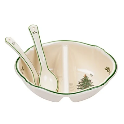Image of Spode Christmas Tree Divided Serving Dish with 2 Spoons