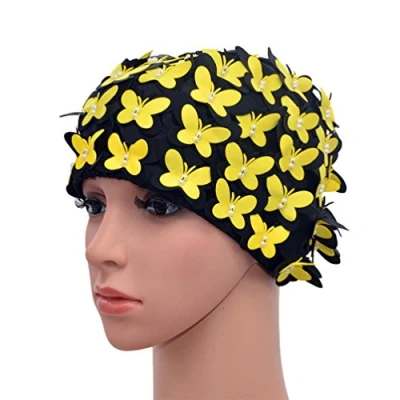Image of Medifier Vintage Swim cap Floral Petal Retro Style Bathing Caps for Women Yellow