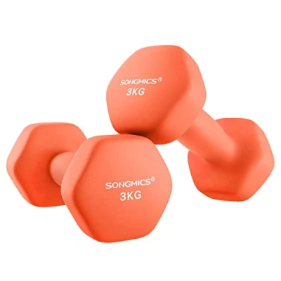 Image of SONGMICS Dumbbells Set of 2, 2 x 3 kg, Dumbbell Set, Hexagon, Neoprene Coating, Strength Training, Workout, Fitness Training for Home, Papaya Orange SYL906O01
