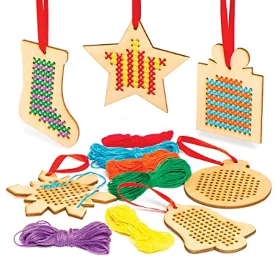 Image of Baker Ross AC505 Christmas Wooden Decoration Cross Stitch Kits (Pack of 6), Assorted