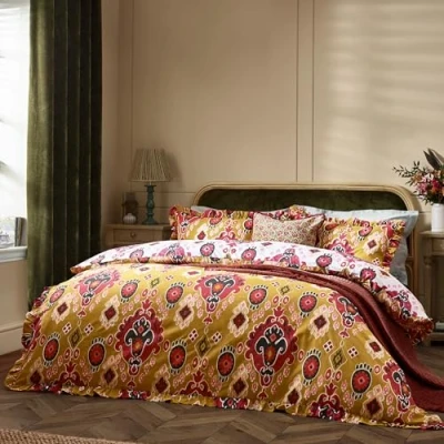 Image of Paoletti Dawson Ikat Reversible Duvet Cover Set Mustard Polycotton Size Double