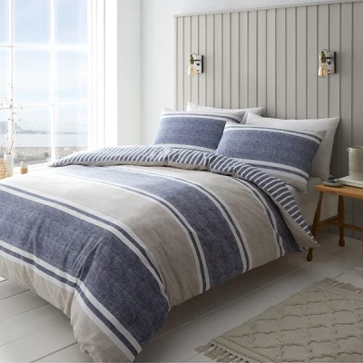 Image of Catherine Lansfield Textured Banded Stripe King Duvet Set Blue