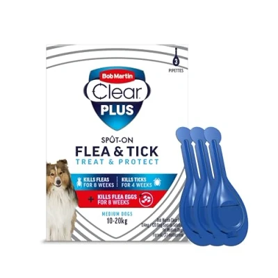 Image of Bob Martin Clear Plus Spot On Flea Treatment for Medium Dogs (10 20kg) Kills Fleas, Ticks, Lice and Eggs (3 Pipettes)