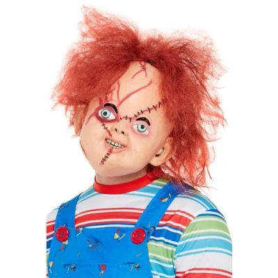 Image of Smiffys Chucky Latex Mask for Adults, Full Overhead with Stitch Detail, Officially Licensed, Scar Detail and Built in Hair, Perfect Halloween Matching Costumes